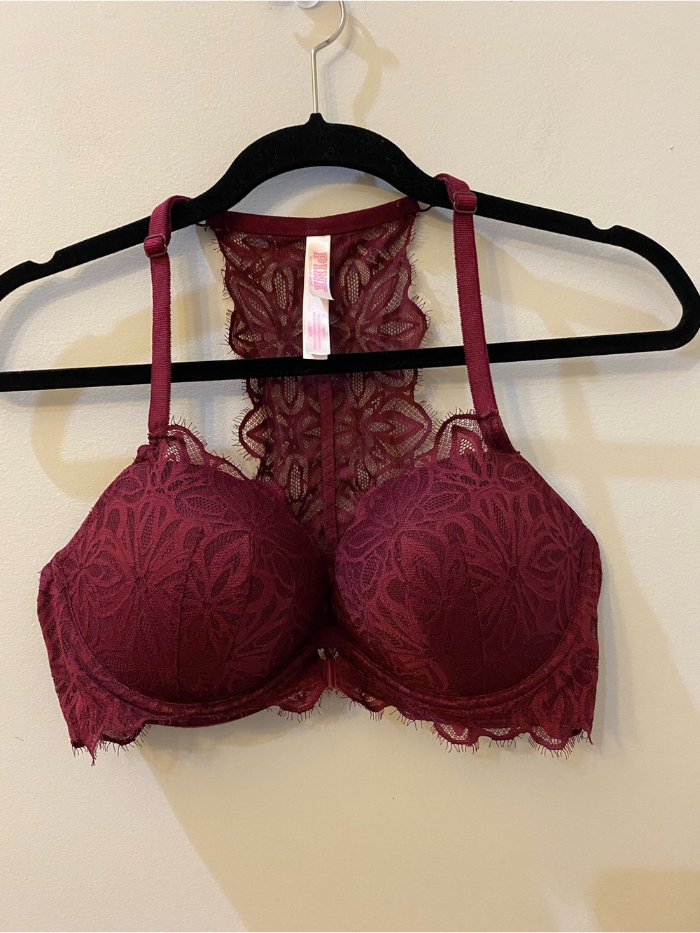 Pink Victoria’s Secret Lace Racerback Push-Up Burgundy Bra Women’s Size 36D